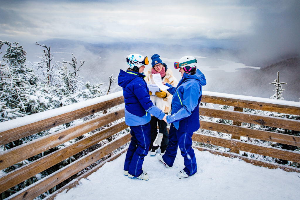 same sex winter mountaintop elopement in Adirondacks by Vermont wedding photographer Andy Madea
