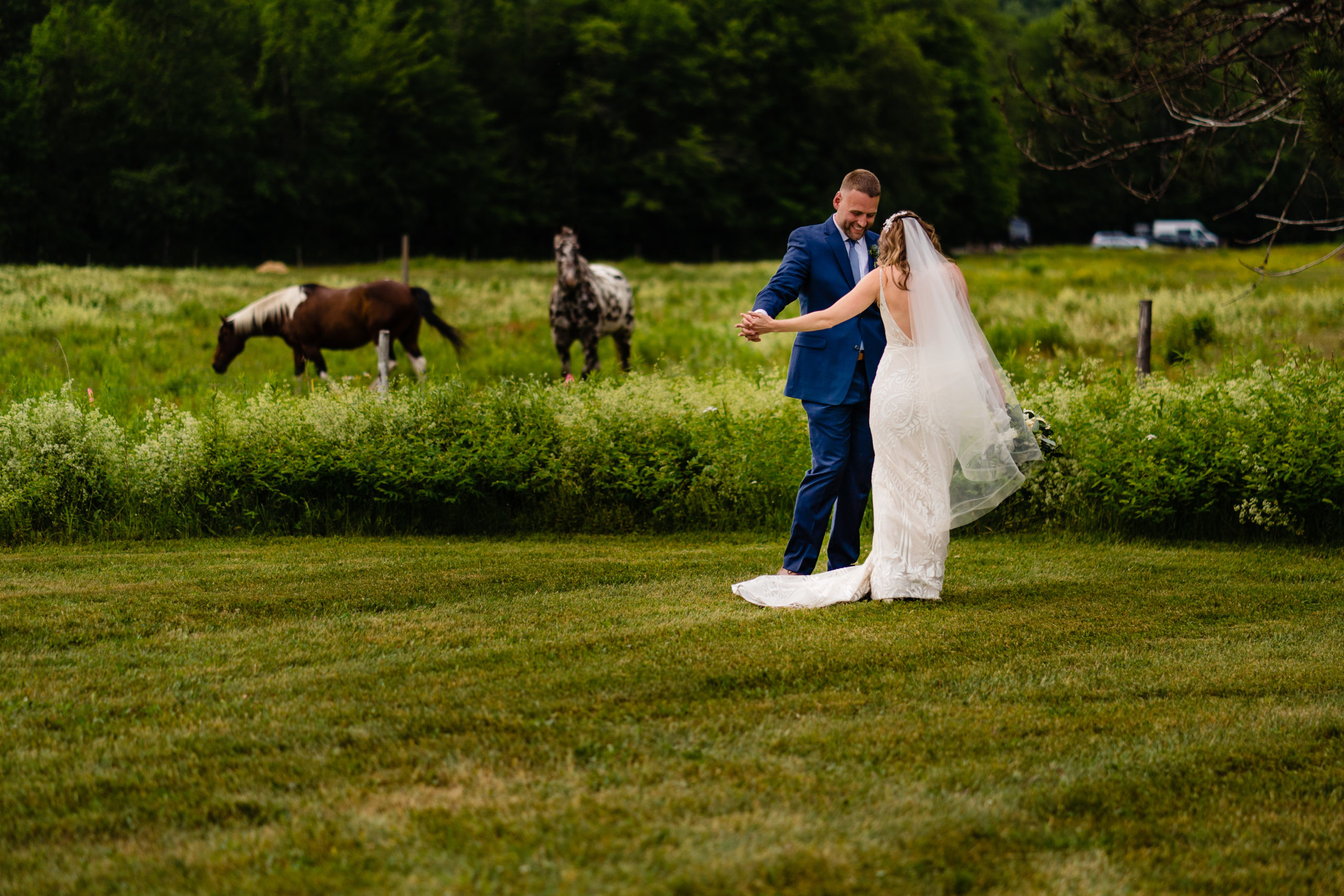 bride and groom dancing in a field with horses in the background